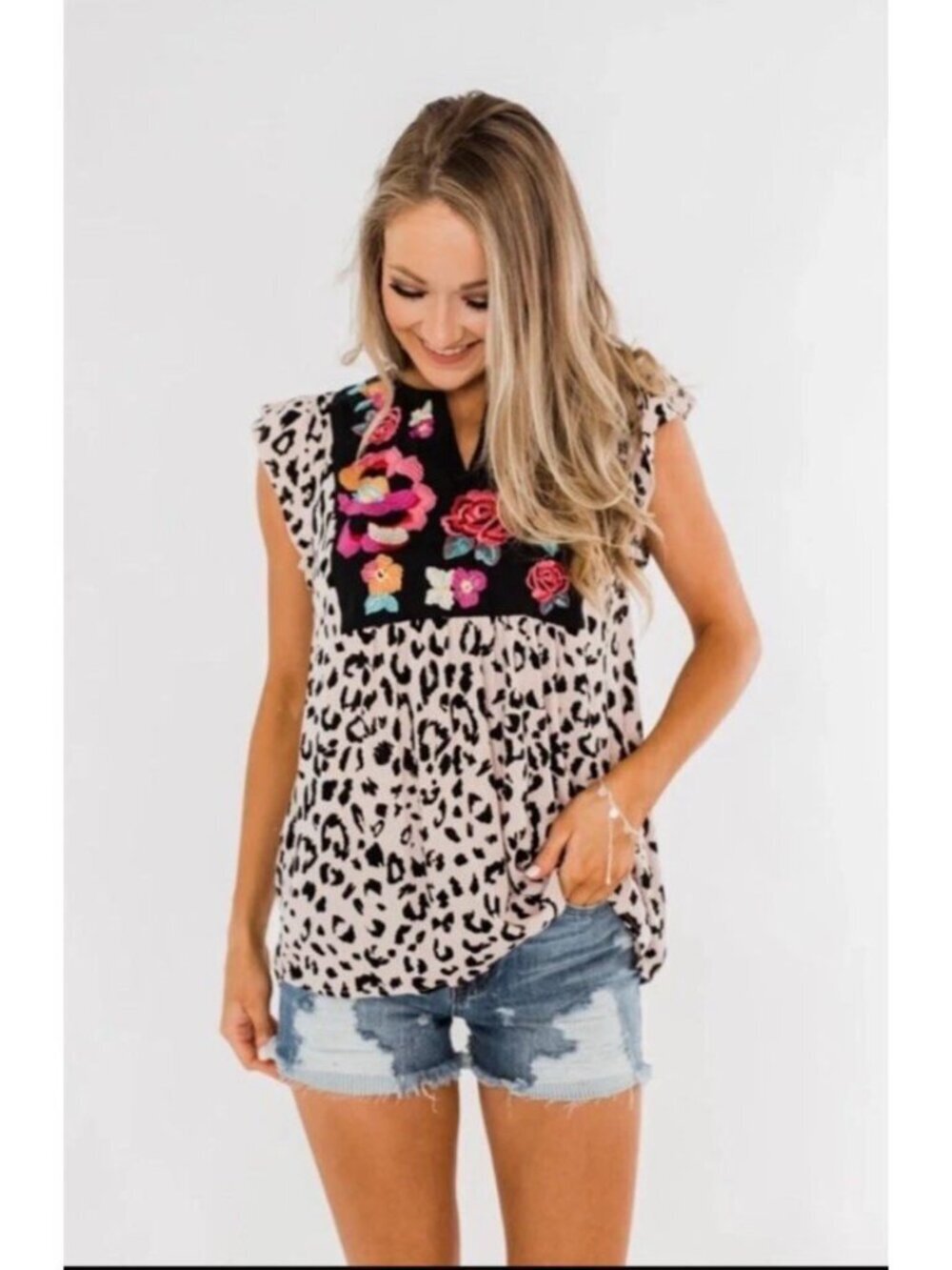 Savanna Jane Embroidered Top Medium Artsy Boho Maximalist Leopard Floral Colorfu